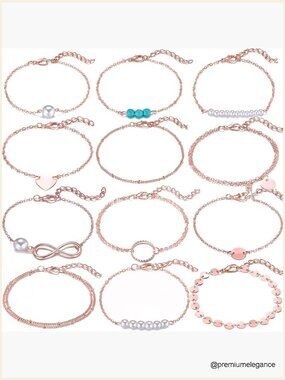 12pc Simple Silver Gold Bracelets Set Dainty Tiny Charm Handmade Adjustable